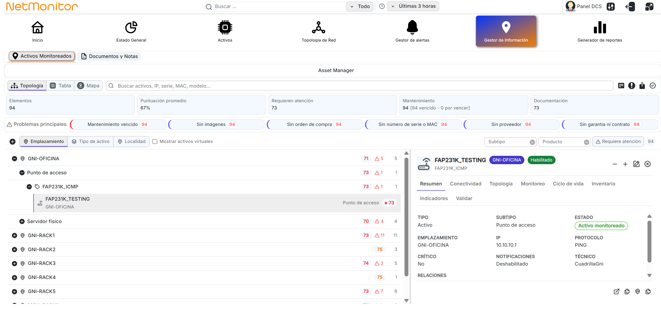 Gestor de información de NetMonitor con activos monitoreados, indicadores de calidad del inventario y ficha de un activo