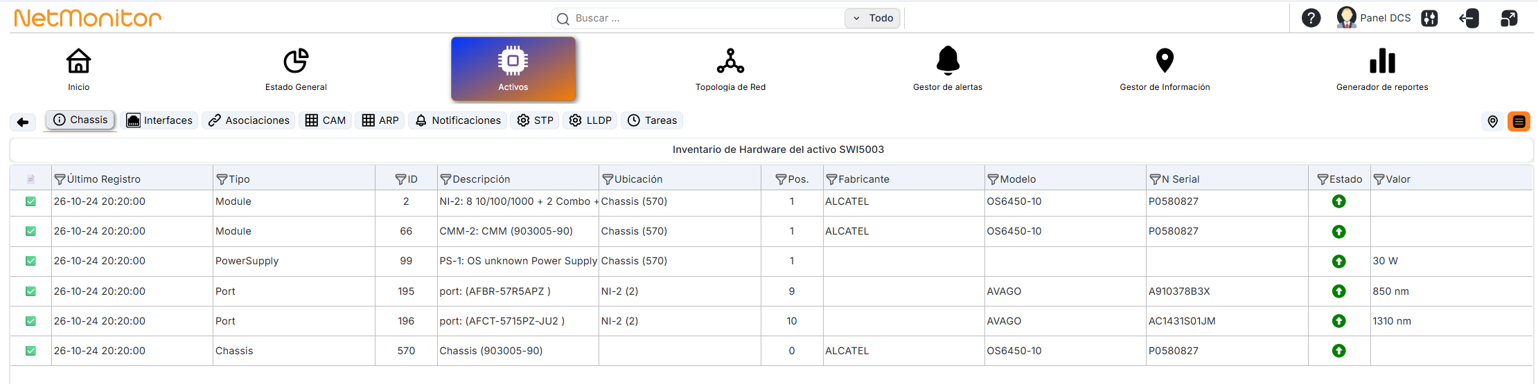 Inventario de hardware de un switch en NetMonitor con tipo, descripción, ubicación, fabricante, modelo, número de serie y estado